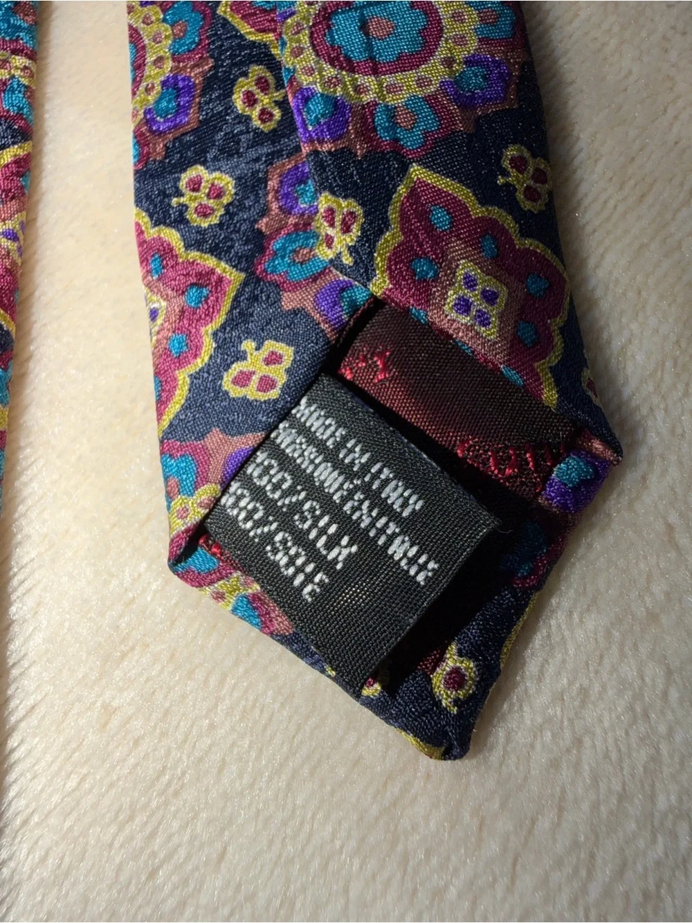 Men's Patterned Silk Tie in Navy with Multicolor Medallions